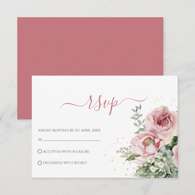 Cartão RSVP Folhas Elegantes de Eucalipto Verde Dourado Casame (Frente/Verso)