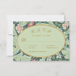 Cartão RSVP Folhas Verdes Carnations Vermelhas Oval Dourado Bo
