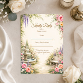 Cartão RSVP Fonte de Jardim Romântico Elegância Casamento