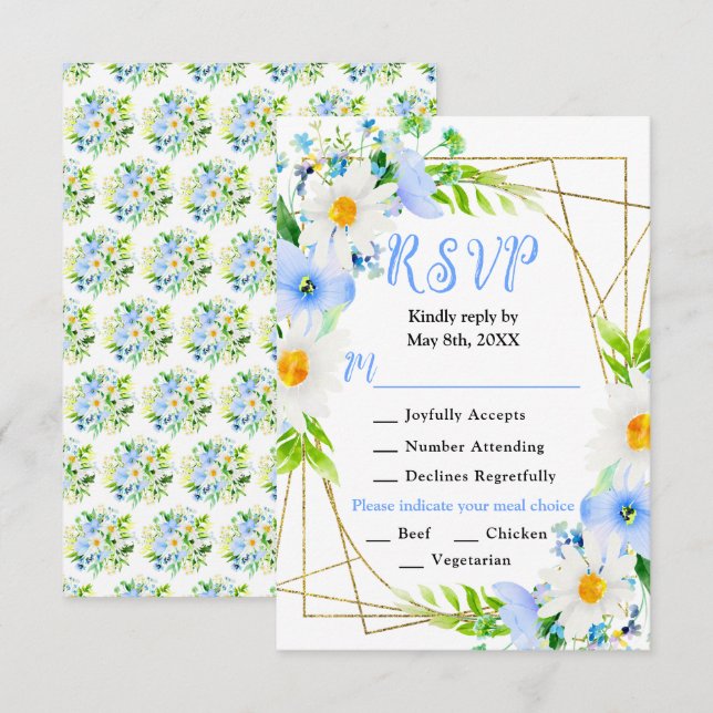Cartão RSVP Forget Me Nots and Daisies Wedding (Frente/Verso)