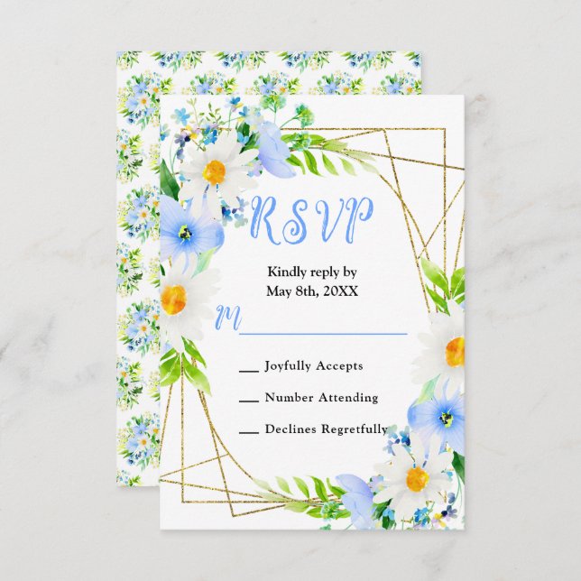 Cartão RSVP Forget Me Nots and Daisies Wedding (Frente/Verso)