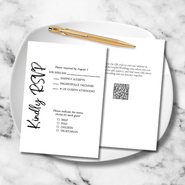 Cartão RSVP Formal de Casamento de Script Formal Branco Negro (Black White Formal Wedding RSVP Card with Vertical Script, Menu Choices, QR Code, Website.)