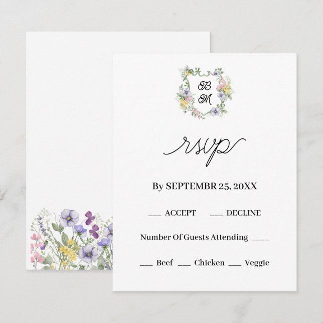 Cartão RSVP Formal Floral Monogram Crest Wedding (Frente/Verso)