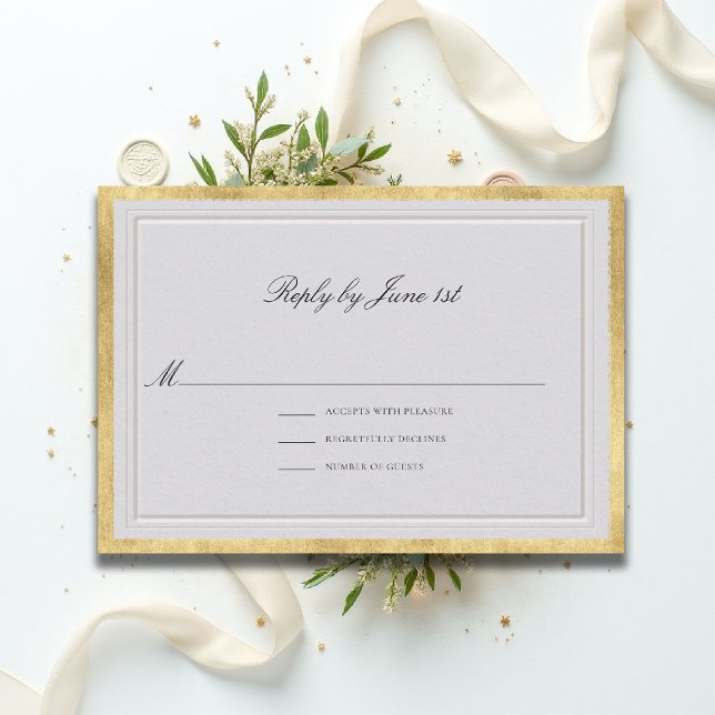 Cartão RSVP Formal Modern Classic Elevated Ivory Gold Wedding (formal traditional wedding RSVP response modern classic double frame gold ballroom black tie ivory)