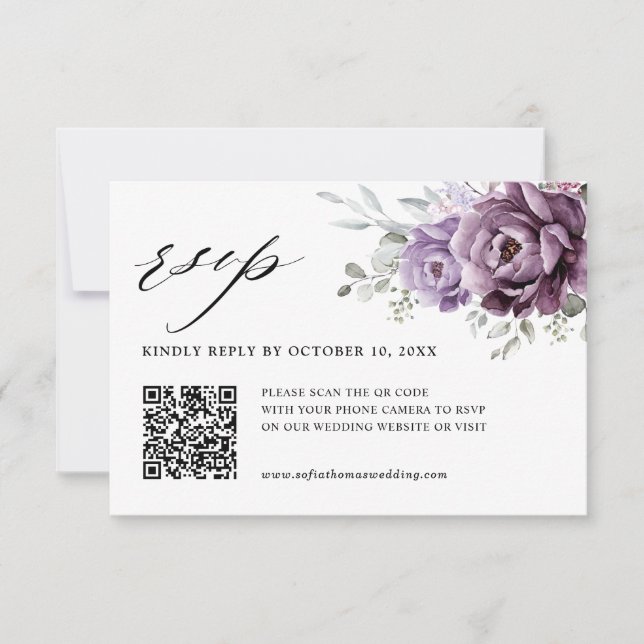Cartão RSVP Formas de Casamento Floral Moody Blooms Roxo Dusty (Frente)