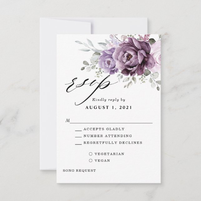 Cartão RSVP Formas de Casamento Floral Moody Blooms Roxo Dusty (Frente)
