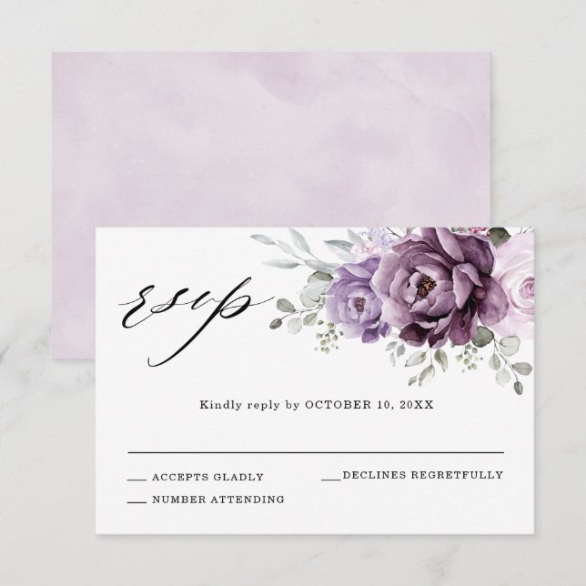 Cartão RSVP Formas de Casamento Floral Moody Blooms Roxo Dusty (Frente/Verso)