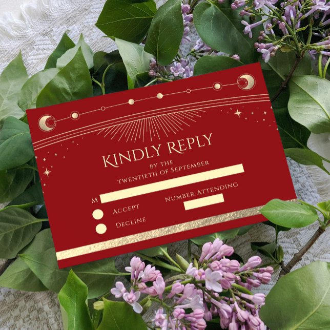 Cartão RSVP Formas de Lua Dourada Vermelha Celestial Vermelha  (Criador carregado)