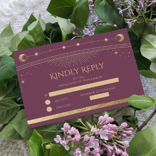 Cartão RSVP Formas de Lua Solar Dourada Celestial Casamento