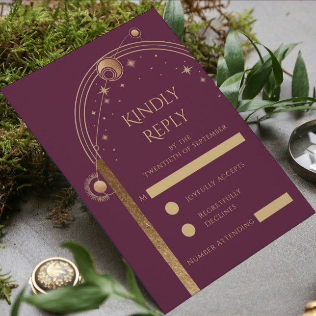 Cartão RSVP Formas de Lua Solar Dourada Celestial Casamento (Criador carregado)