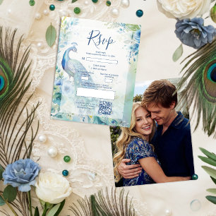 Cartão RSVP Foto Arco de Casamento Pavão Elegante QR TLW26