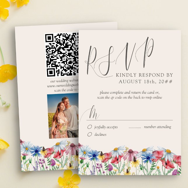 Cartão RSVP Foto rustica de casamento de flor selvagem e códig (Wildflower Wedding RSVP card with custom photo, qr code and traditional response form )
