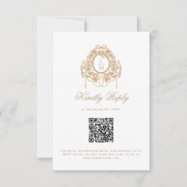 Cartão RSVP French Rococo Rose Monogram Wedding QR Code