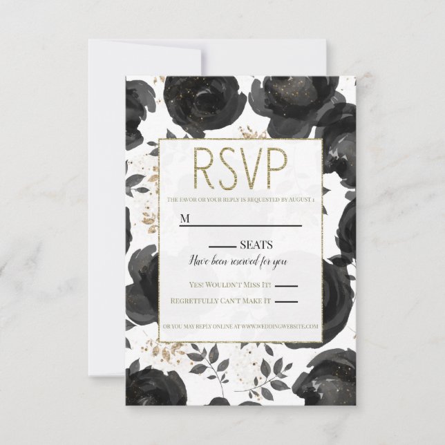 Cartão RSVP Frio Floral Dourado Preto Sai do Casamento (Frente)