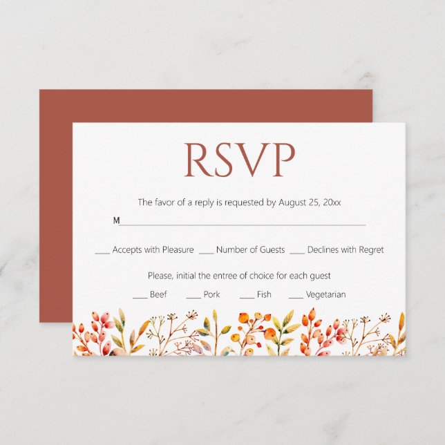 Cartão RSVP Fronteira do casamento com folhas e bagas (Frente/Verso)