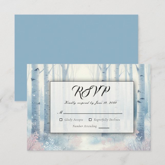 Cartão RSVP Frosted Blue Birch Forest Wedding (Frente/Verso)