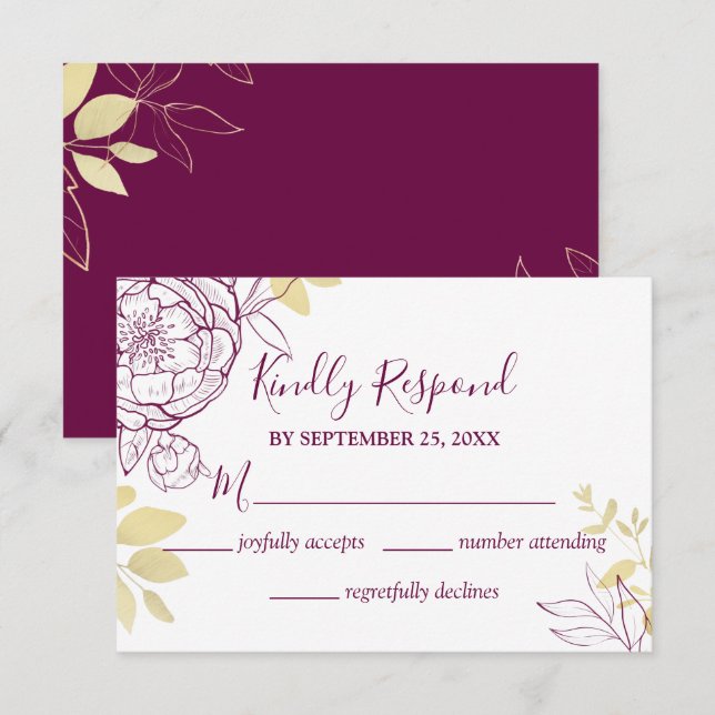 Cartão RSVP Fuchsia Púrpura e Dourada Casamento Floral de Peôn (Frente/Verso)