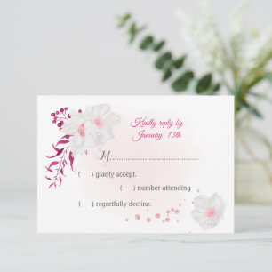 Cartão RSVP fuchsia romântica e flores brancas botânicas