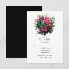 Cartão RSVP Fúcsia Romântico, Floral Verde Esmeralda e Preto