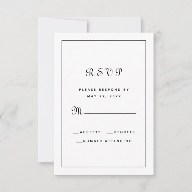 Cartão RSVP Gabinete de Casamento de Script Branco e Preto Ele (Frente)
