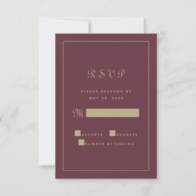 Cartão RSVP Gabinete de Casamento de Script Burgundy Dourado E (Frente)