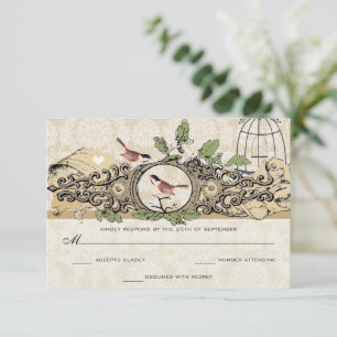 Cartão RSVP Gaiola de Ouro Damask Bolota Pássaros de Amor Vint