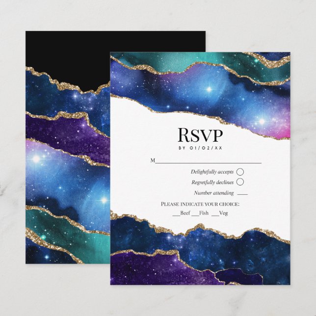 Cartão RSVP Galáxia Ágata Brilho Falso Casamento Celestial (Frente/Verso)
