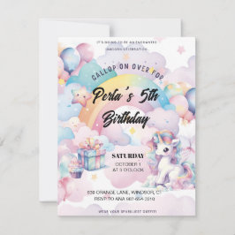 Cartão RSVP Gallop on Over the Rainbow unicorn Invitation