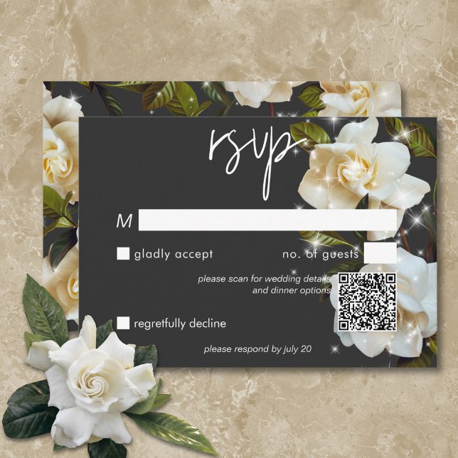 Cartão RSVP Gardenias Brancas Modernas no Código QR do Sparkle (Modern White Gardenias on Black Sparkle QR Code RSVP Card)