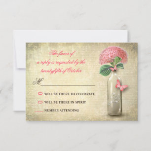 Cartão RSVP garrafa de vinho vintage & flores cor-de-rosa casa