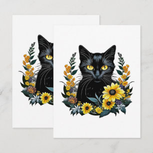 Cartão RSVP gata preta com flores