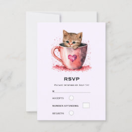 Cartão RSVP Gatinho Bonito num Teacup com Corações