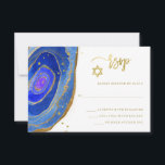 Cartão RSVP Geode azul com bastão Dourado Mitzvah ou bar<br><div class="desc">Este bastão elegante,  moderno Mitzvah ou a resposta de Mitzvah do bar cardam pedras azuis na moda do geode da aguarela da característica com roteiro,  a estrela de David,  e acentos escritos à mão do ouro do falso.</div>