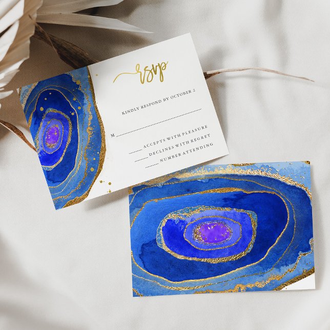 Cartão RSVP Geode Azul com Cor da Água com Dourado | Casamento (Criador carregado)