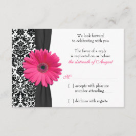 Cartão RSVP Gerber Daisy Pink Black Casamento tema damasco RSV