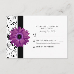 Cartão RSVP Gerbera Daisy roxa com Design de rolagem preta RSV