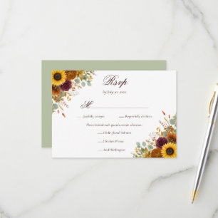 Cartão RSVP Girasóis Rosas Borgonha Ferrugem Outono Floral Cas