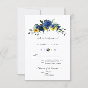 Cartão RSVP Girassóis Elegantes Flores Azuis Marinho Casamento