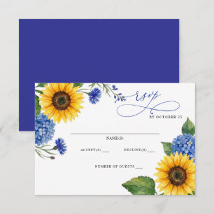 Cartão RSVP Girassóis Florais Azul Royal Casamento Moderno