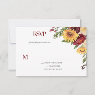 Cartão RSVP Girassóis Russos e Floral Borgonha