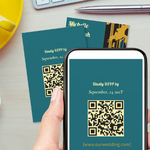 Cartão RSVP Girassol Azul Turquesa Dourado Código QR Moderno C
