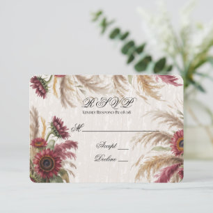 Cartão RSVP Girassol Borgonha e Grama das Pampas para Casament