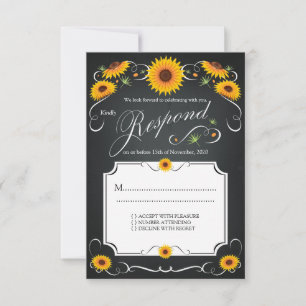Cartão RSVP Girassol Floral Quadro-Negro Casamento Vintage RSV