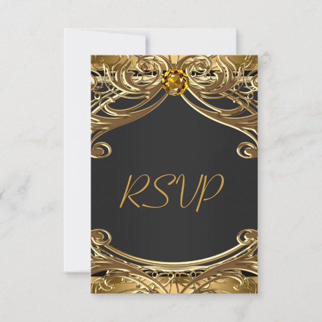 Cartão RSVP Glam Black e Dourado Casamento Elegante (Frente)