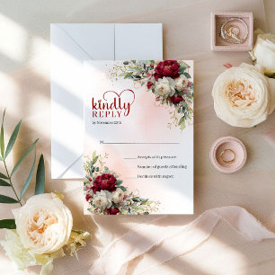Cartão RSVP Glam Boho Burgundy e Floral Branco Casamento Doura