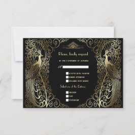 Cartão RSVP Glam Dourado Art Deco Pacocks Mais velho Casamento