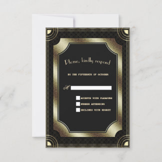 Cartão RSVP Glam Dourado Excelente Negro Gatsby Art Deco Casam