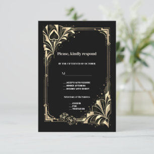 Cartão RSVP Glam Ouro Preto Art Deco Casino Vegas Casamento