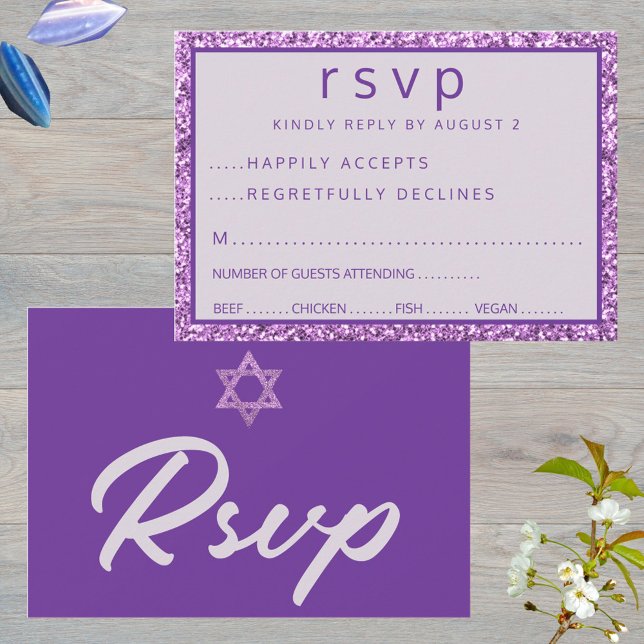 Cartão RSVP Glam Purple Elegant Star De David Bat Mitzvah (Easy to customize purple Bat Mitzvah RSVP cards)