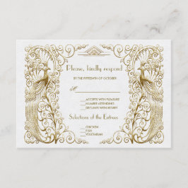 Cartão RSVP Glam White Dourado Art Deco Peacocks Casamento RSV